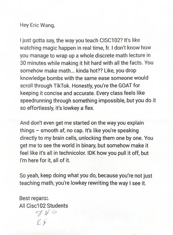 Typed thank-you letter signed by CISC 102 students